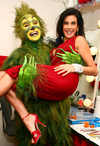 Patrick Page (as "The Grinch") backstage with Teri Hatcher at  'Dr Seuss's How The Grinch Stole Christmas! - The Musical', St. James Theater, Broadway, New York, on Nov 09