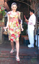 Kelly Brook leaving the Ivy in a summer dress and white flip flops, Los Angeles