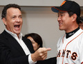 Tom Hanks throws the first pitch at the Tokyo Giants vs Chunichi Dragons NPB baseball game, Tokyo, Japan - 08 May 2009