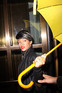 Singer Rihanna standing under her umbrella as she arrives at bar 89 in New York City, USA