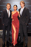 Stars Shia LaBeouf and Megan Fox pose with director Michael Bay at the Germany premiere of Transformers Revenge of the Fallen