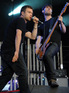 Damon Albarn and Alex James on stage during the first night of Blur's Hyde Park gigs.