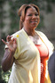 Queen Latifah eating pineapple on the set of 'Just Wright' in Brooklyn, New York